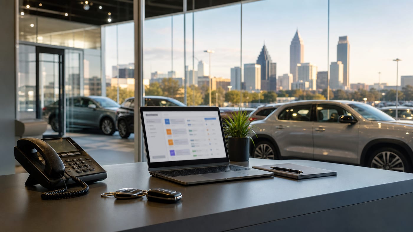 Atlanta dealership contact desk with phone, keys, showroom, cars, and city skyline.