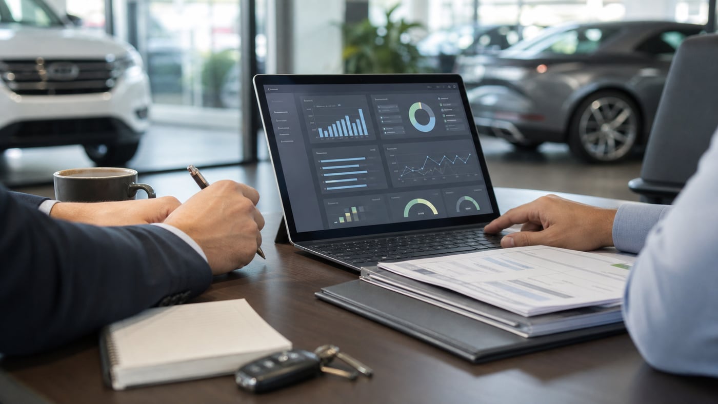 Dealership managers reviewing a dashboard and deal paperwork at a desk.