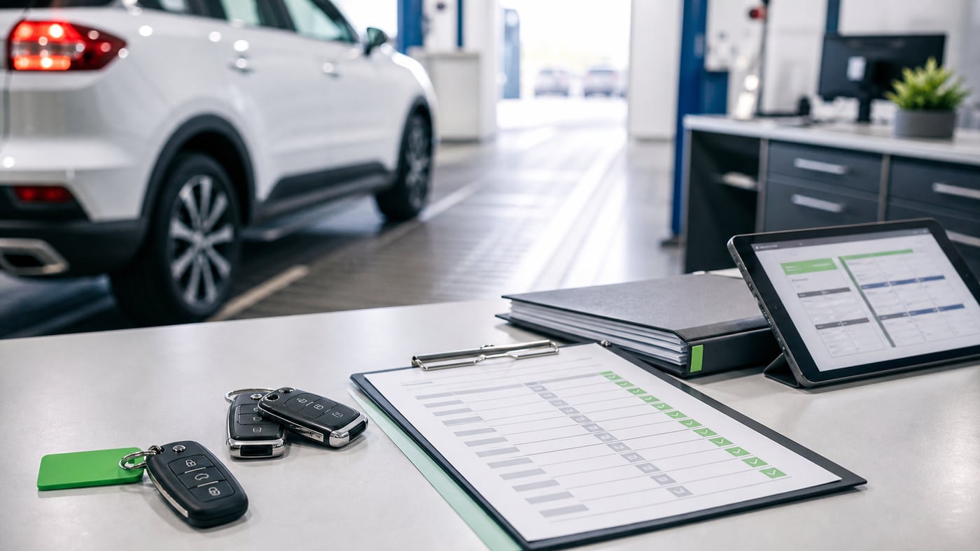 Dealership handoff checklist with keys, tablet, and vehicle service lane in the background.
